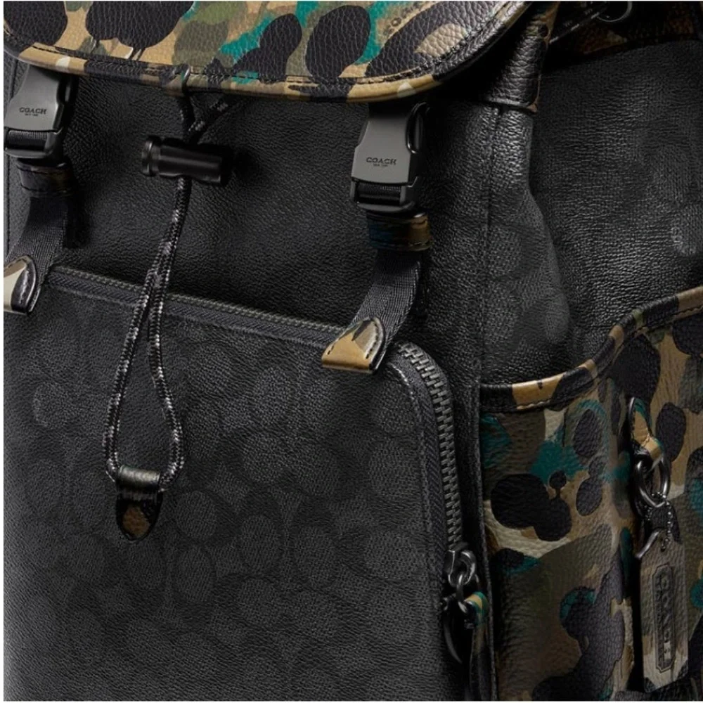 Coach League Flap Backpack In Signature Canvas Charcoal With Camo Print NWT